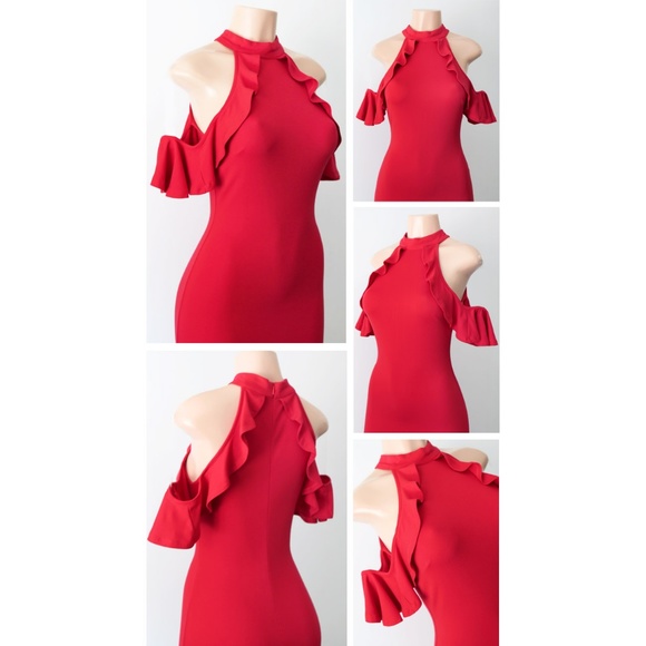 Red Mock Neck Ruffle Cold Shoulder Bodycon Dress - Picture 4 of 8